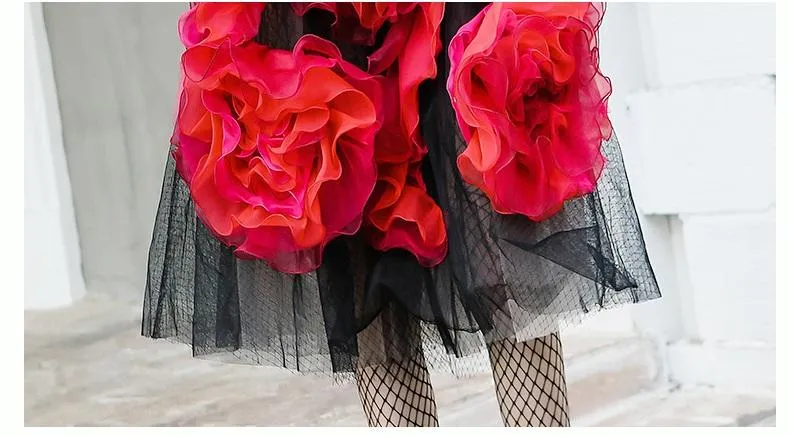 Limited edition one shoulder handmade tulle flower princess evening cocktail party 3d  dress - Most black