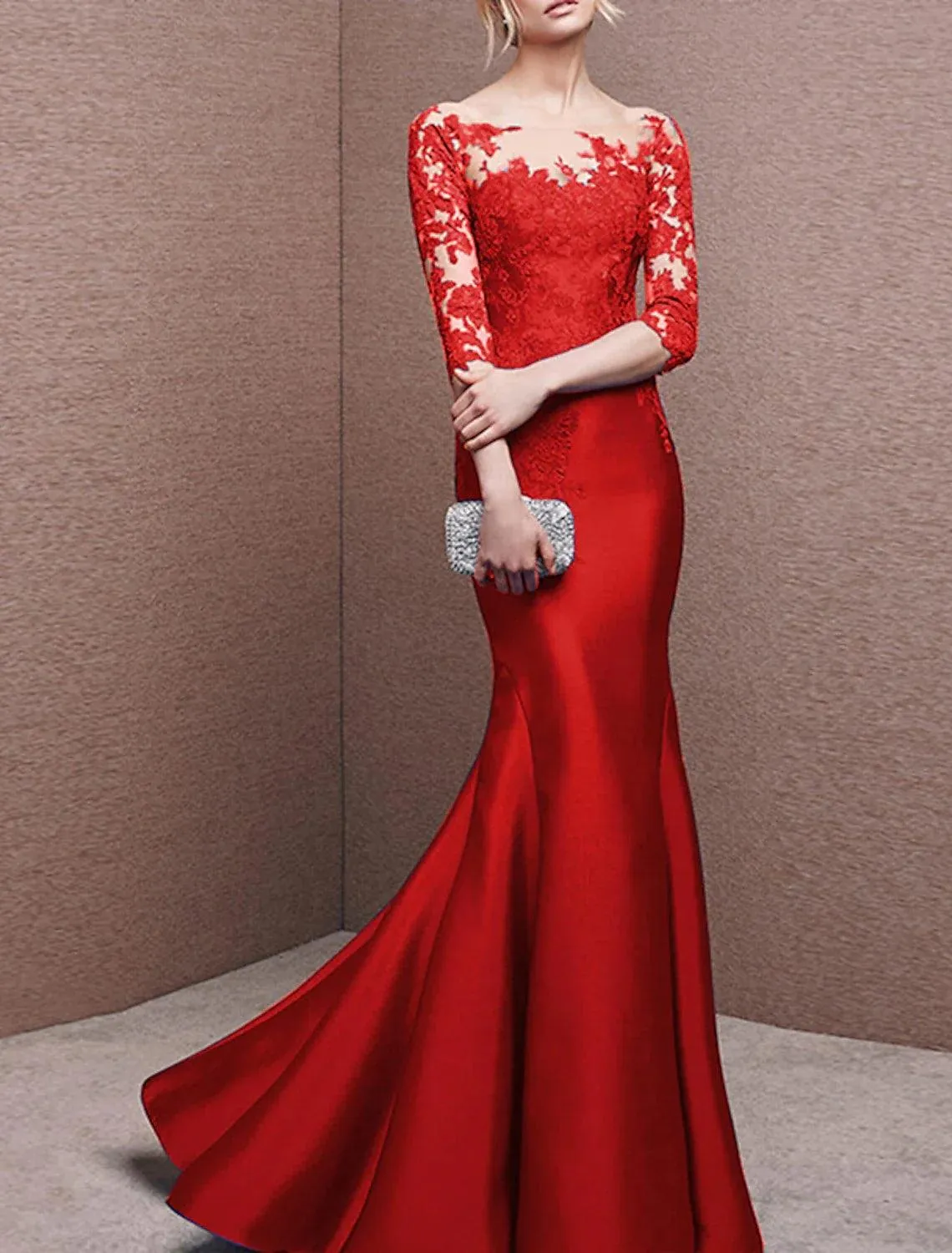 Mermaid / Trumpet Evening Gown Elegant Dress Formal Wedding Guest Sweep / Brush Train 3/4 Length Sleeve Off Shoulder Satin with Buttons Pleats Appliques
