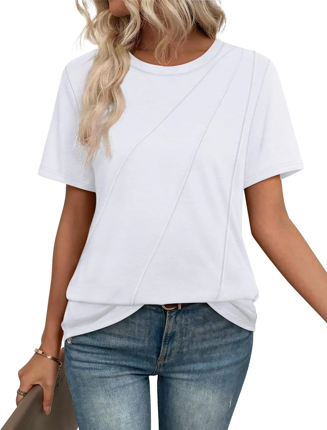 OFEEFAN Shirts for Women Short Sleeve Tops Pleated Crew Neck Casual Summer Fashion Tops Loose Fit
