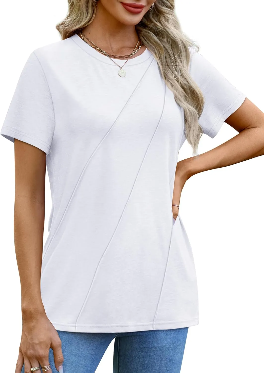 OFEEFAN Shirts for Women Short Sleeve Tops Pleated Crew Neck Casual Summer Fashion Tops Loose Fit