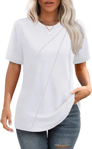 OFEEFAN Shirts for Women Short Sleeve Tops Pleated Crew Neck Casual Summer Fashion Tops Loose Fit