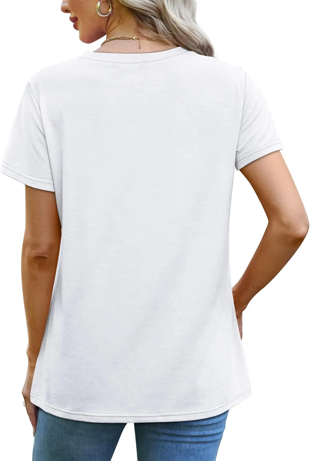 OFEEFAN Shirts for Women Short Sleeve Tops Pleated Crew Neck Casual Summer Fashion Tops Loose Fit