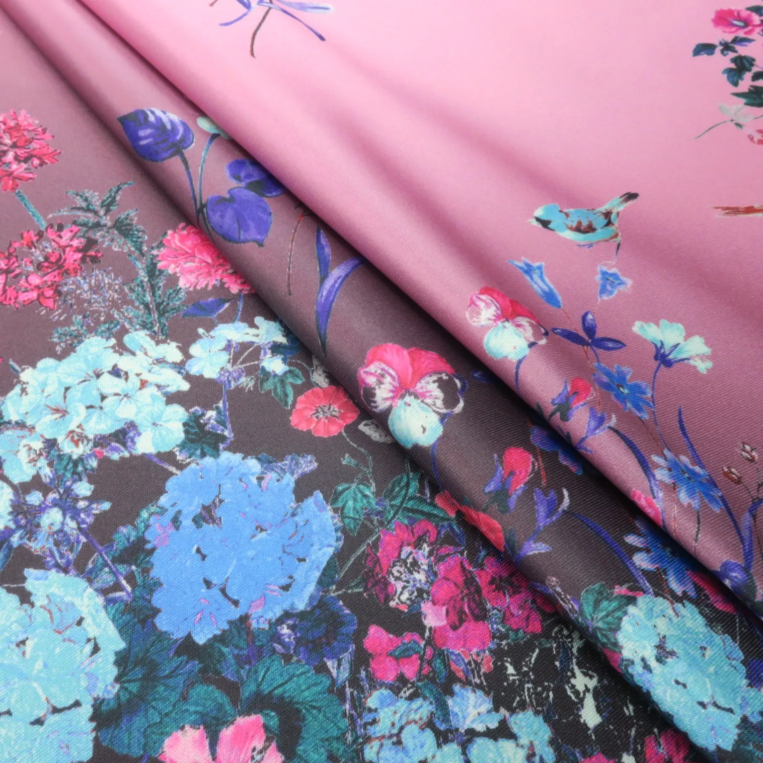 Pink Floral on Pink Printed Polyester Mikado Fabric