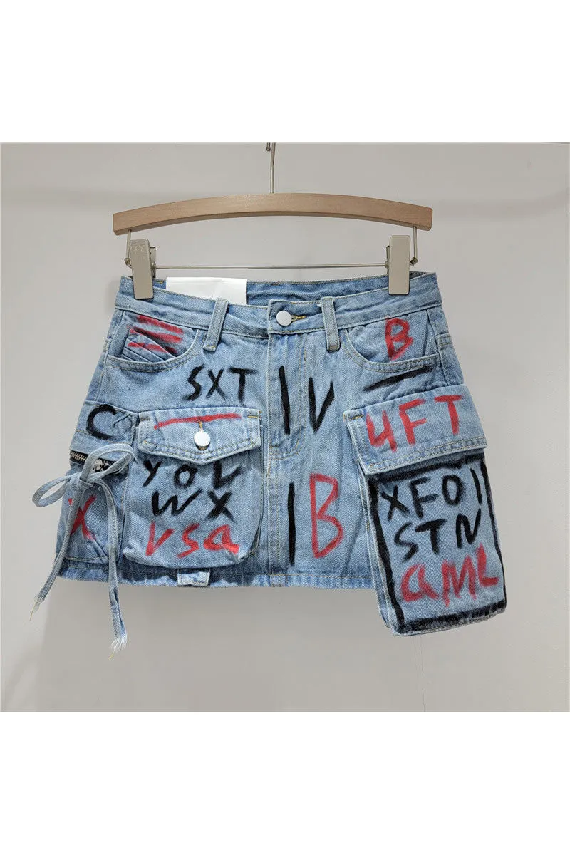QK0697 Graphic Denim Skirt