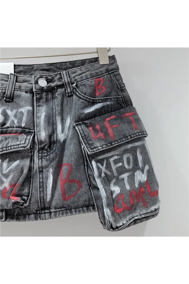 QK0697 Graphic Denim Skirt