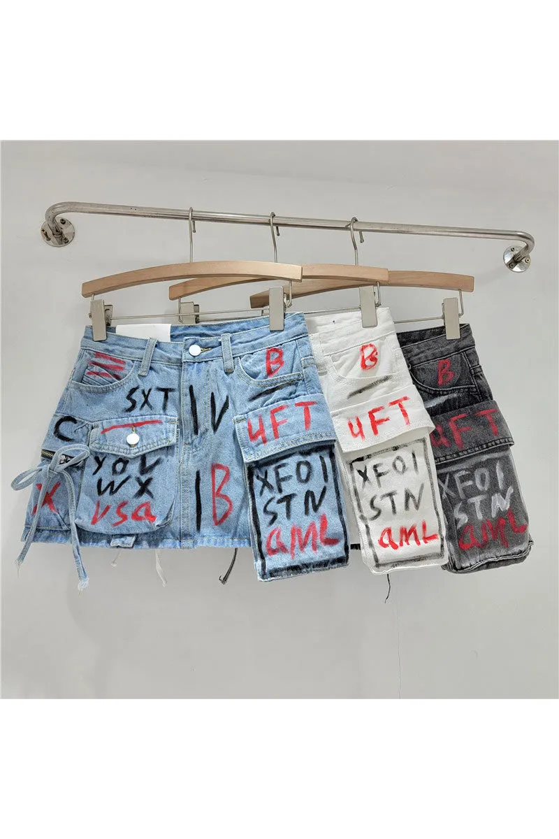 QK0697 Graphic Denim Skirt