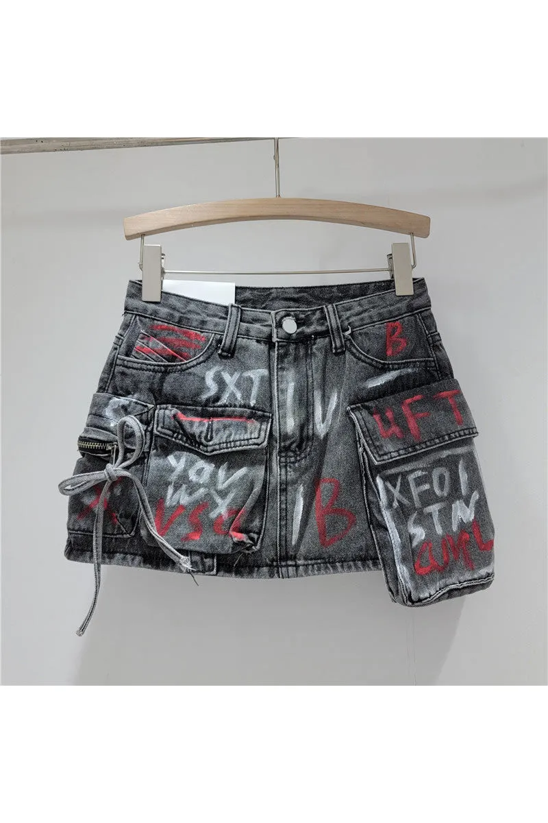 QK0697 Graphic Denim Skirt