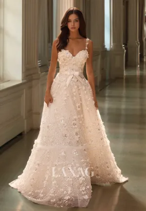 Spaghetti Straps Sweetheart Tulle A-Line Prom Dress Floral Appliqued Beaded Sequined Evening Gowns