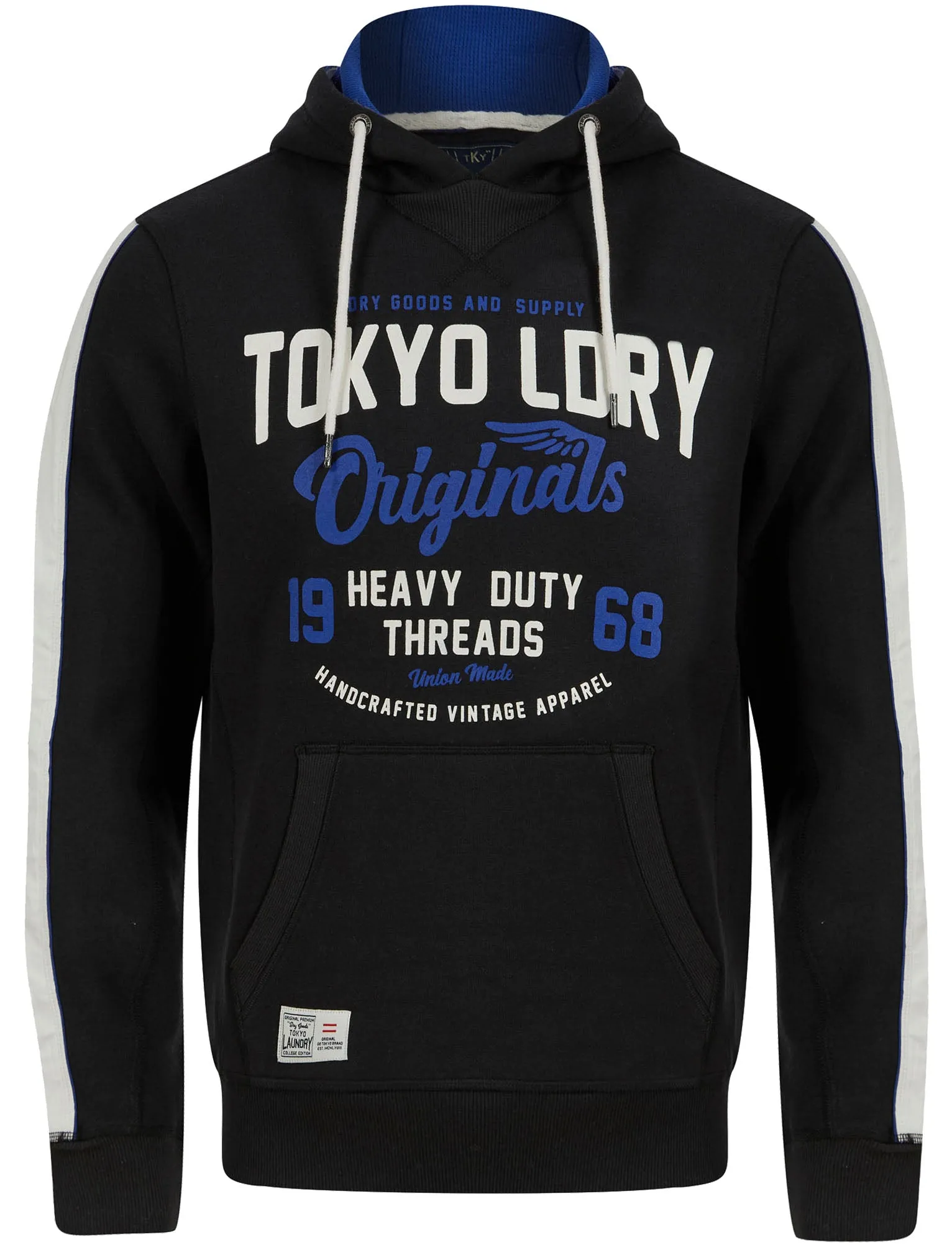 Travel Motif Brushback Fleece Pullover Hoodie with Tape Detail in Jet Black - Tokyo Laundry