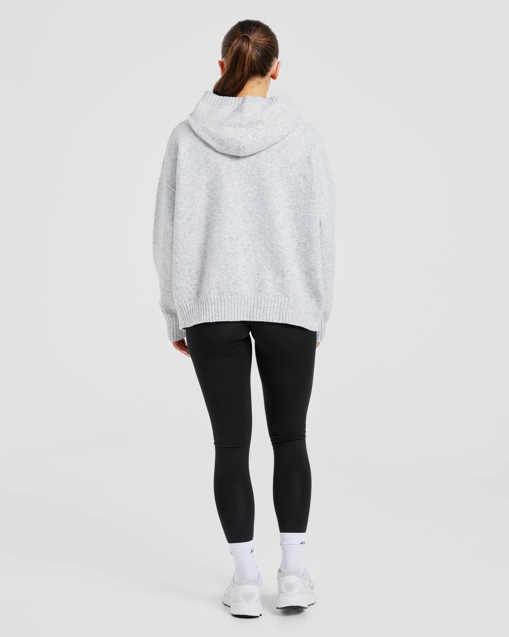 Varsity Oversized Knitted Hoodie - Grey Marl