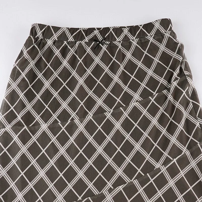 Vintage Plaid Frill Bow A-Line Long Skirt