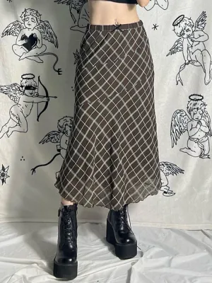 Vintage Plaid Frill Bow A-Line Long Skirt