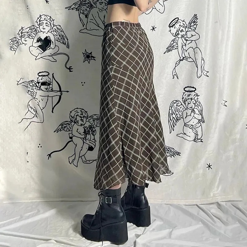Vintage Plaid Frill Bow A-Line Long Skirt