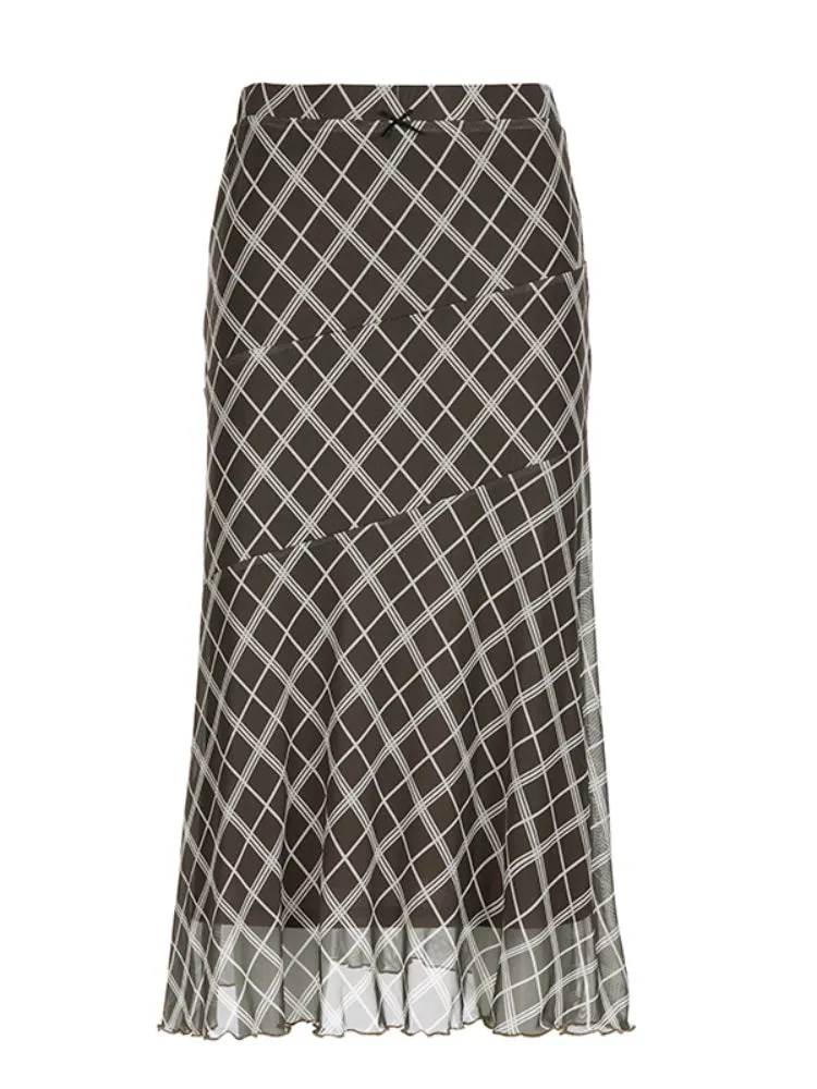Vintage Plaid Frill Bow A-Line Long Skirt