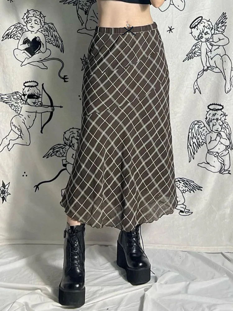 Vintage Plaid Frill Bow A-Line Long Skirt