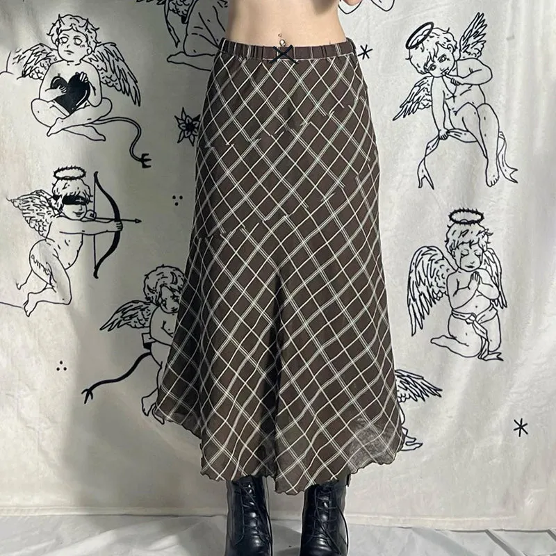 Vintage Plaid Frill Bow A-Line Long Skirt