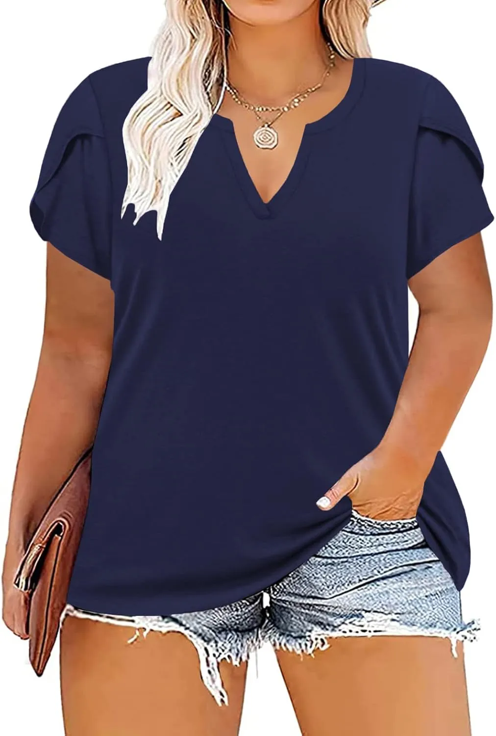 VISLILY Plus-Size-Tops for Women Casual Petal Sleeve T Shirts Summer V Neck Loose Comfy Tee