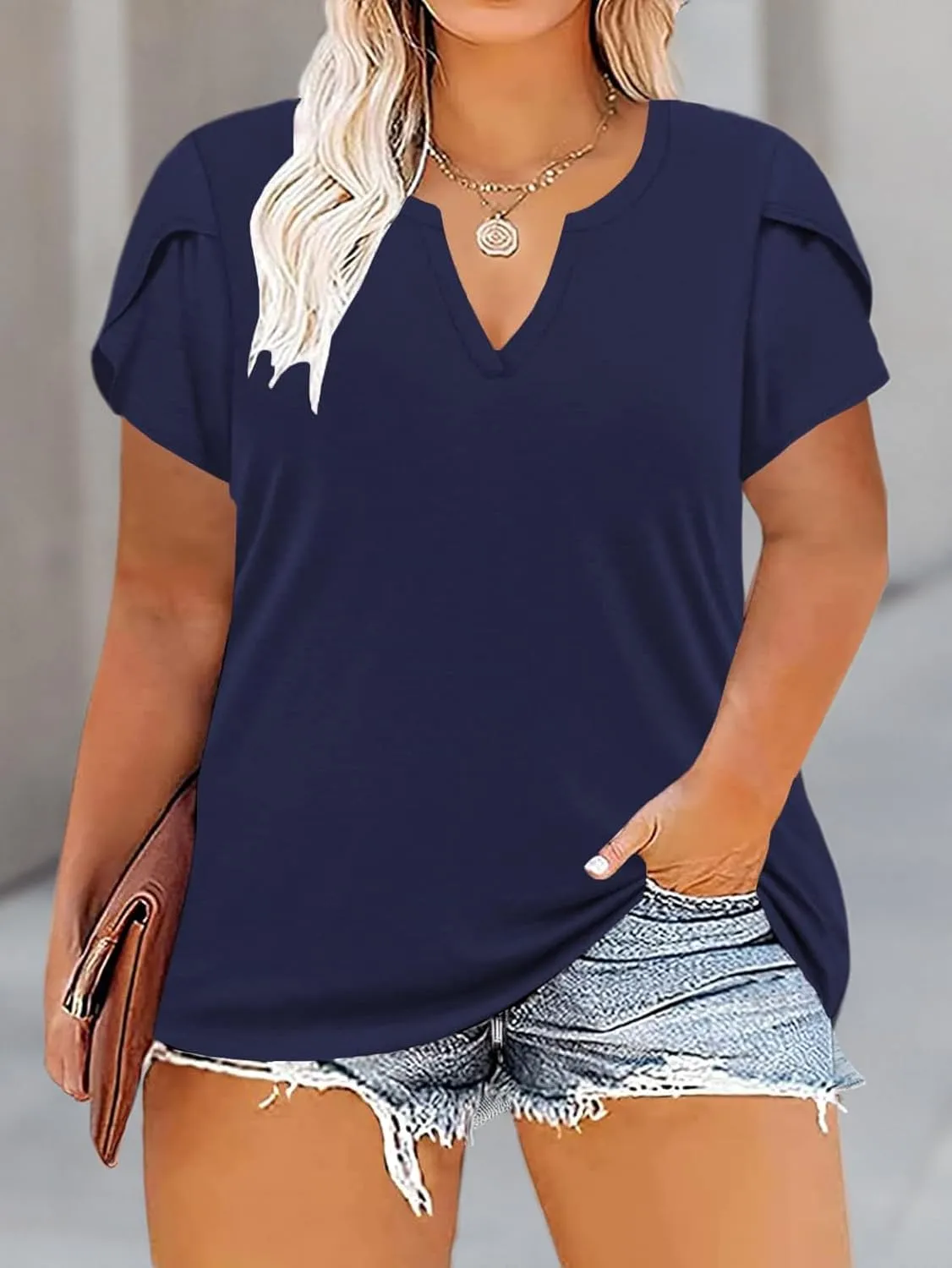 VISLILY Plus-Size-Tops for Women Casual Petal Sleeve T Shirts Summer V Neck Loose Comfy Tee