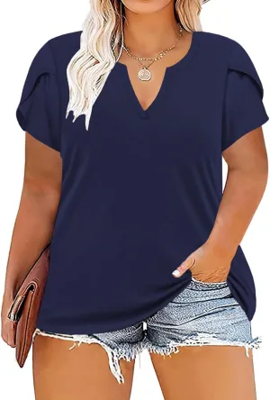 VISLILY Plus-Size-Tops for Women Casual Petal Sleeve T Shirts Summer V Neck Loose Comfy Tee