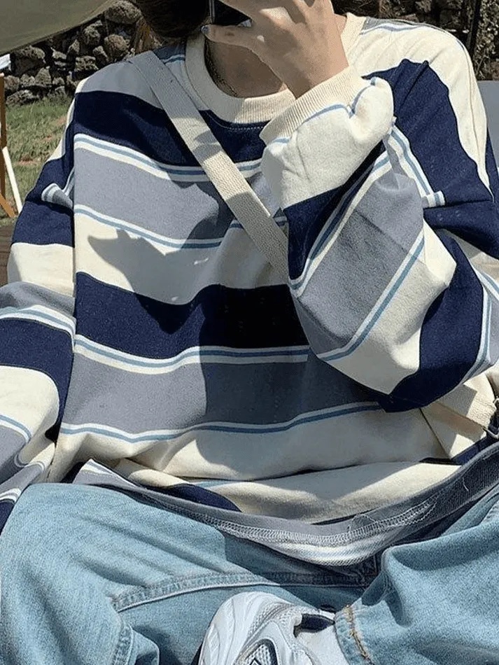 Wenkouban-Spring Casual Outfits Y2K Outfits Vintage Striped Pullover Sweatshirt