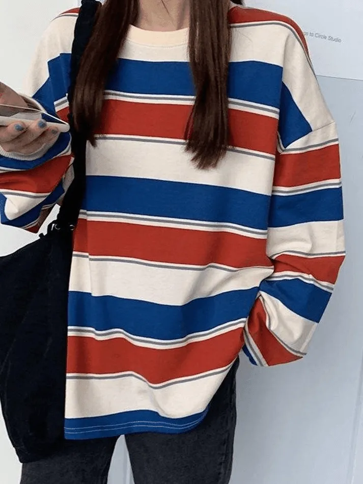 Wenkouban-Spring Casual Outfits Y2K Outfits Vintage Striped Pullover Sweatshirt