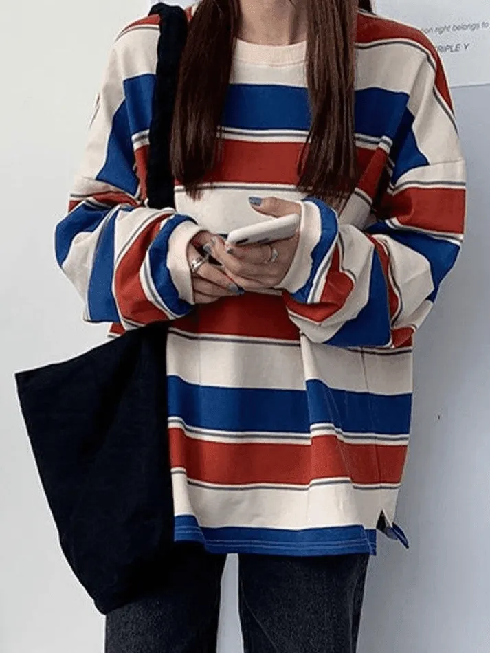 Wenkouban-Spring Casual Outfits Y2K Outfits Vintage Striped Pullover Sweatshirt