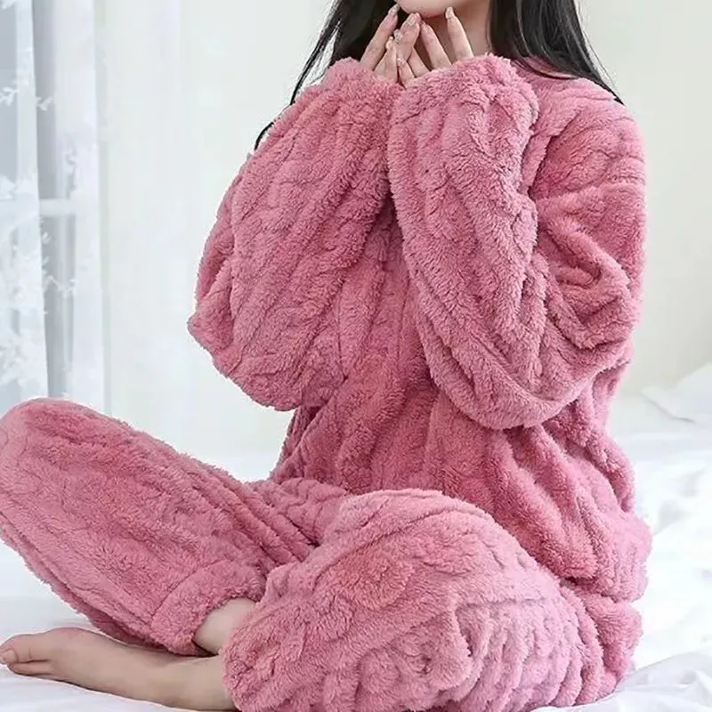 Women Warm 2 Piece Sets Thicken Velvet Ribbed Fleece Set